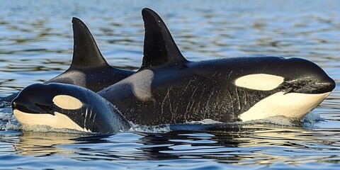 Fototapeta premium An Orca Emerges, Splendid and Majestic, Amidst a Sprinkling of Water Droplets, Capturing the Essence of the Oceans Grandeur, Generative AI