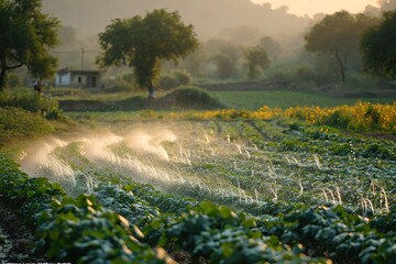 "Traditional Irrigation Methods" Villagers showcasing innovative yet traditional methods of irrigating crops in rural fields