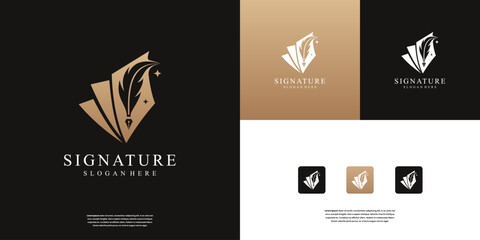 Book story with feather logo icon design. Quill pen with book logo author, education, and quill inks idea - obrazy, fototapety, plakaty