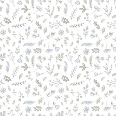 Seamless pattern with varied simple small flowers, plants and leaves isolated on white background. Watercolor hand drawn illustration