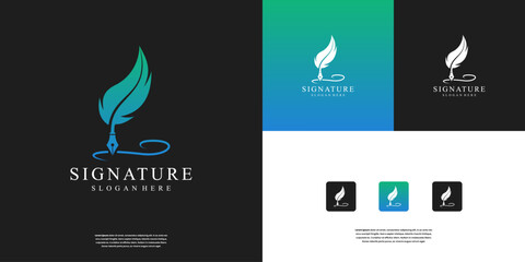 Minimalist feather logo icon design. Quill pen with book logo author, education, and quill inks idea