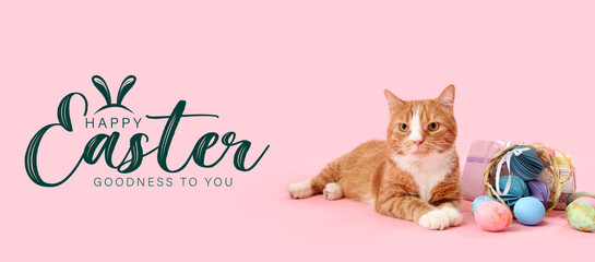 Cute cat with Easter eggs and gifts on pink background