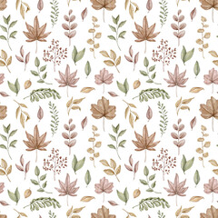 Seamless pattern with autumn varied leaves and plants isolated on white background. Watercolor hand drawn illustration