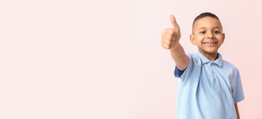 Smiling African-American boy showing thumb-up on light pink background with space for text