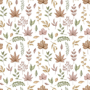Seamless pattern with autumn varied leaves and plants isolated on white background. Watercolor hand drawn illustration