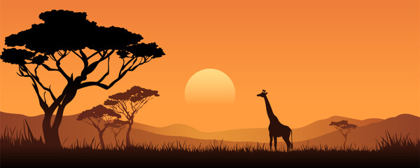 Silhouettes of an African giraffe against the backdrop of a beautiful sunset. Safari. African wildlife landscape vector illustration.