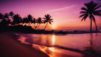 Fototapeta na wymiar Envision a tropical beach at sunset, where the sky is painted in warm hues of orange, pink, and purple. Palm trees cast long shadows on the sand, and the gentle waves catch the colors of the setting