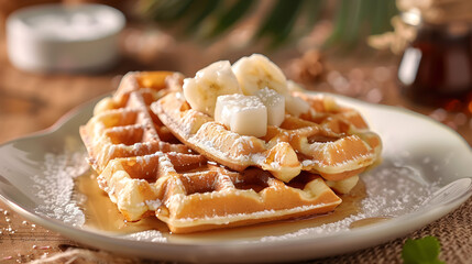 Homemade belgian waffles with banana and powdered sugar