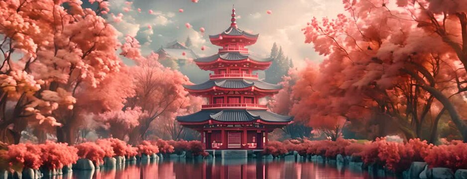 Tranquil Pagoda Surrounded by Cherry Blossoms, Japanese style,generative ai