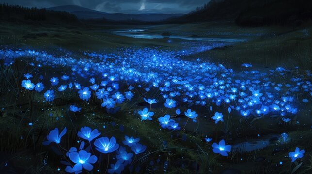 a painting of a field of blue flowers with a dark sky in the background and a body of water in the foreground.