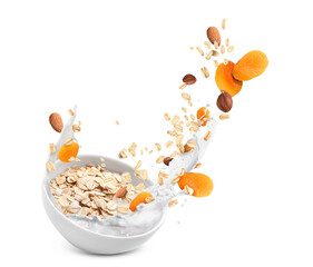 Bowl with oatmeal flakes on white background