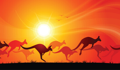 kangaroos hopping across desert sunset - obrazy, fototapety, plakaty