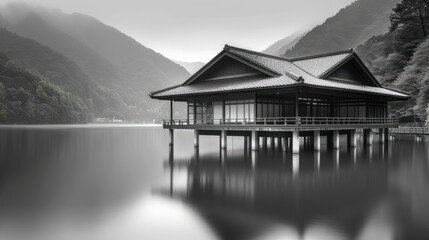 a black and white photo of a house on a body of water with mountains in the background and fog in the air.