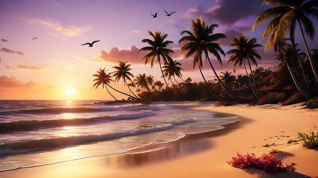Envision a tropical beach at sunset, where the sky is painted in warm hues of orange, pink, and purple. Palm trees cast long shadows on the sand, and the gentle waves catch the colors of the setting