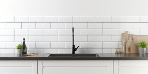 White ceramic tiles used as copy space in an industrial kitchen with a black faucet, creating a banner-like panorama.