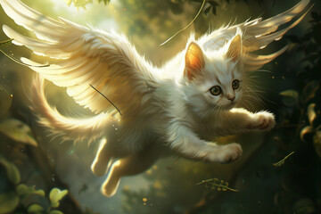 A kitten is flying through the air with its wings. The kitten is looking up at the camera with a curious expression. The image has a whimsical and playful mood, as it depicts a cat with wings
