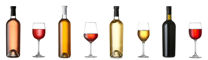 Collage of bottles and glasses of wine on white background