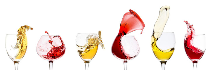 Collage of glasses of splashing wine on white background