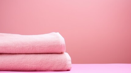 Obraz na płótnie Canvas Pink cotton towels on a pink background. Bathroom decor and accessories.