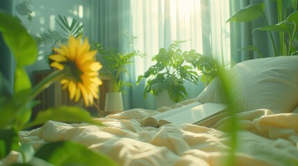 a sunflower sitting on top of a bed in front of a window next to a book on a pillow.