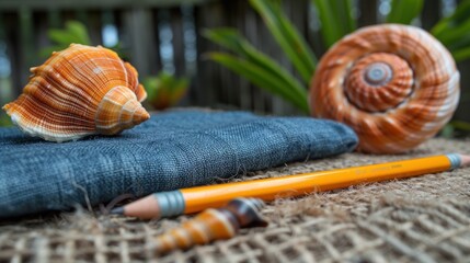 a pair of pencils sitting on top of a blue piece of cloth next to a pair of seashells. - obrazy, fototapety, plakaty