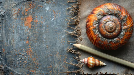 a close up of a pencil next to a snail on a piece of cloth with a shell on top of it. - obrazy, fototapety, plakaty