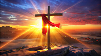 Sunset Christian cross with a red scarf tied to it, easter religious background blue sky. GENERATED...