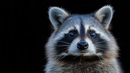 a close up of a raccoon's face looking at the camera with a black background behind it.