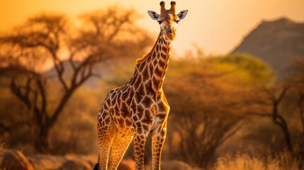 Beautiful giraffe standing in the scenic savannah landscape with trees and blue sky background - obrazy, fototapety, plakaty