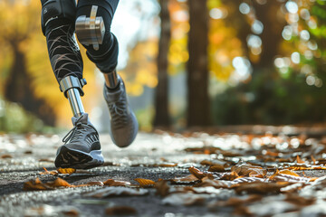 A person with a prosthetic leg is running on a road. The person is wearing black pants and a black shoe. The leg is visible in the foreground, and the person's foot is visible in the background - obrazy, fototapety, plakaty