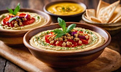 Live vegan hummus bowls, traditional meze with pita bread and appetizers - obrazy, fototapety, plakaty