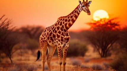 Majestic giraffe standing gracefully in the picturesque african savannah landscape - obrazy, fototapety, plakaty
