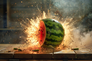 A bullet flying into a watermelon and exploding it
