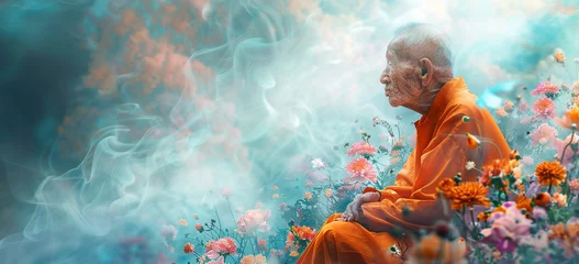Poster Elderly Man in Orange Robes Amidst Blooming Flowers © swissa