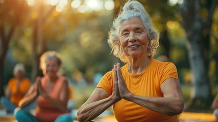 Foto auf Acrylglas Senior Woman Enjoying Yoga Outdoors at Sunset © swissa