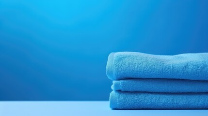 Fototapeta na wymiar Blue cotton towels on a blue background. Bathroom decor and accessories.