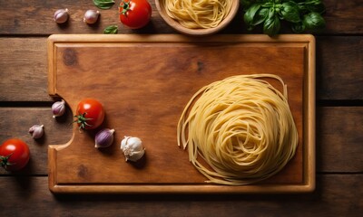 Top view of rustic wooden table with ingredients for cooking spaghetti and fettuccine on wooden kitchen board