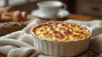 a dish of food sitting on top of a table next to a plate of bread and a cup of coffee.