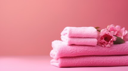 Obraz na płótnie Canvas Pink cotton towels on a pink background. Bathroom decor and accessories.