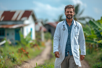 A dedicated doctor walks to a remote Asian community to conduct health screenings - obrazy, fototapety, plakaty