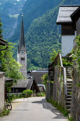 Wooden houses in historic village Hallstatt in Austrian Alps. - 753248544