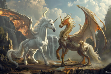 A white unicorn and a gold dragon are standing next to each other