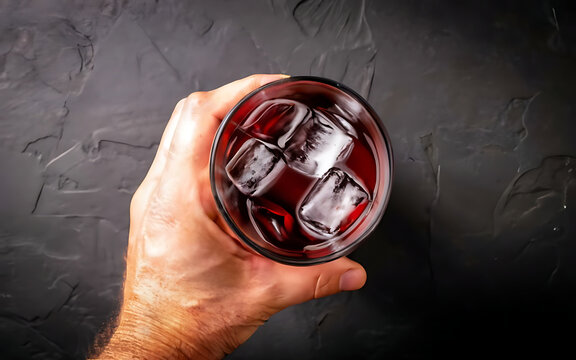 Whiskey or cola with ice glass in the male hand is a top view dark background