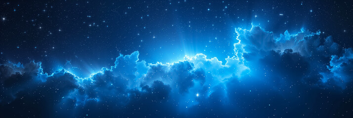 Abstract blue starry background with clouds. Creative banner illustration. Copy space for text.