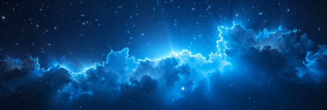 Abstract blue starry background with clouds. Creative banner illustration. Copy space for text.