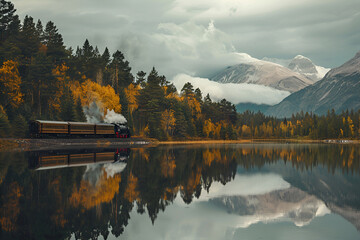Beautiful european landscape with train, lake and mountains