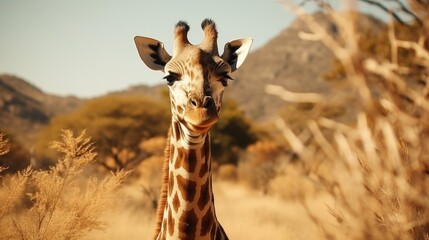 Majestic giraffe standing in scenic african savannah landscape - obrazy, fototapety, plakaty