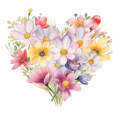 Watercolor heart illustration with colorful wildflowers on white background