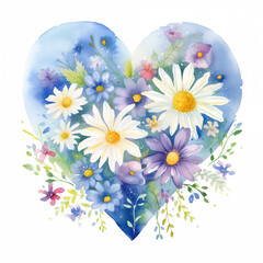 Wildflower watercolor heart illustration on white background, delicate and dreamy