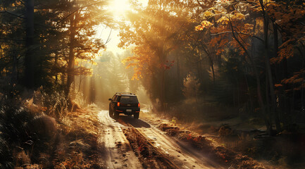 Car driving in beautiful autumn forest